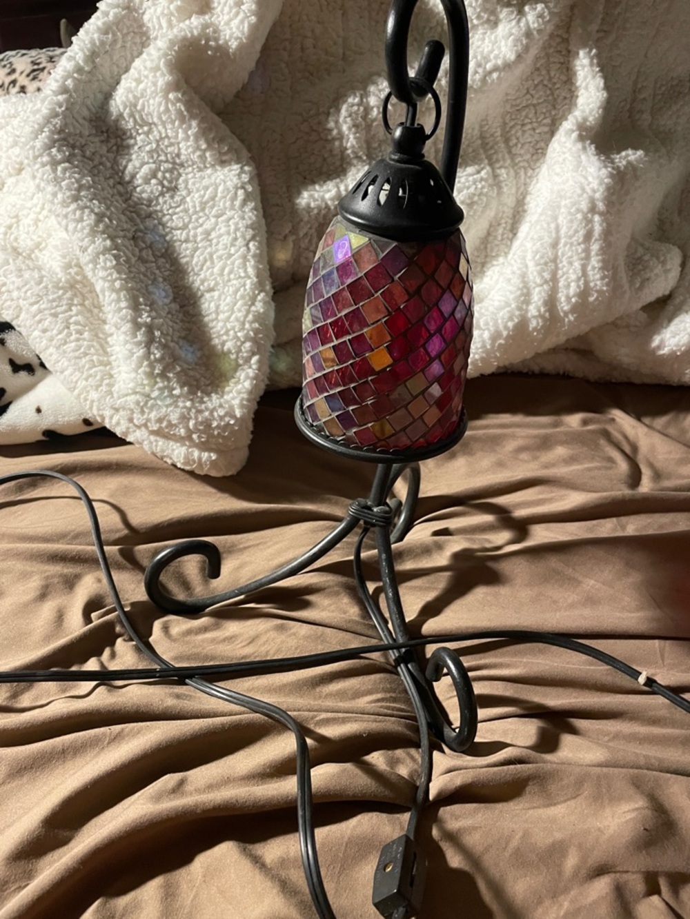 Vintage Mosaic Glass Table Lamp with red gold and purple Tiles 16”high